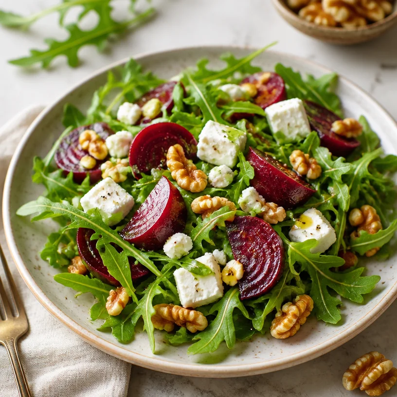 Delicious roasted beet goat cheese salad with fresh greens and walnuts