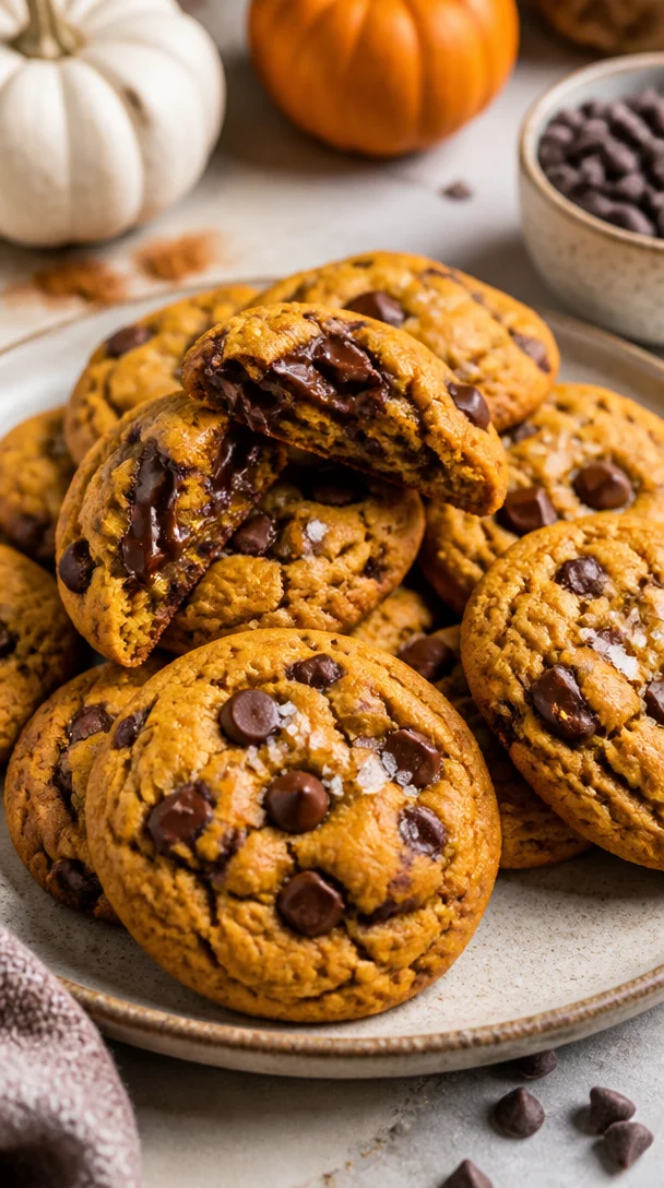 Autumn pumpkin espresso chocolate chip cookies on a plate