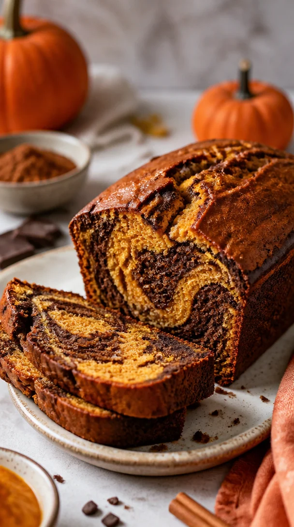 Slices of homemade pumpkin marble bread on a wooden table