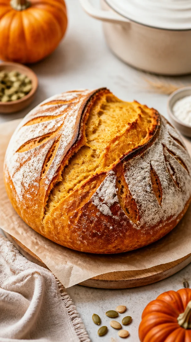 Homemade pumpkin sourdough bread loaf on a wooden table