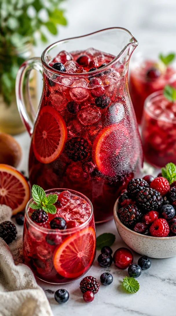 Refreshing Bloody Berry Punch cocktail with strawberries and raspberries