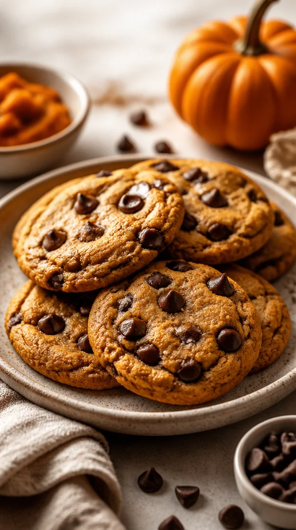 Brown butter pumpkin chocolate chip cookies baked fresh for a fall treat