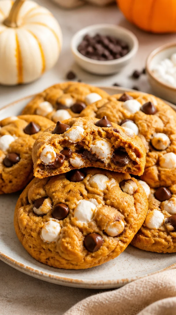 Chewy autumn pumpkin cookies with marshmallow and chocolate chips on a plate