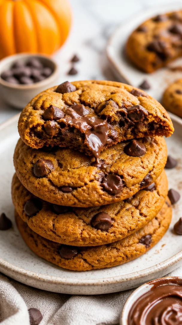 Chewy pumpkin cookies with Nutella and chocolate chips on a baking tray