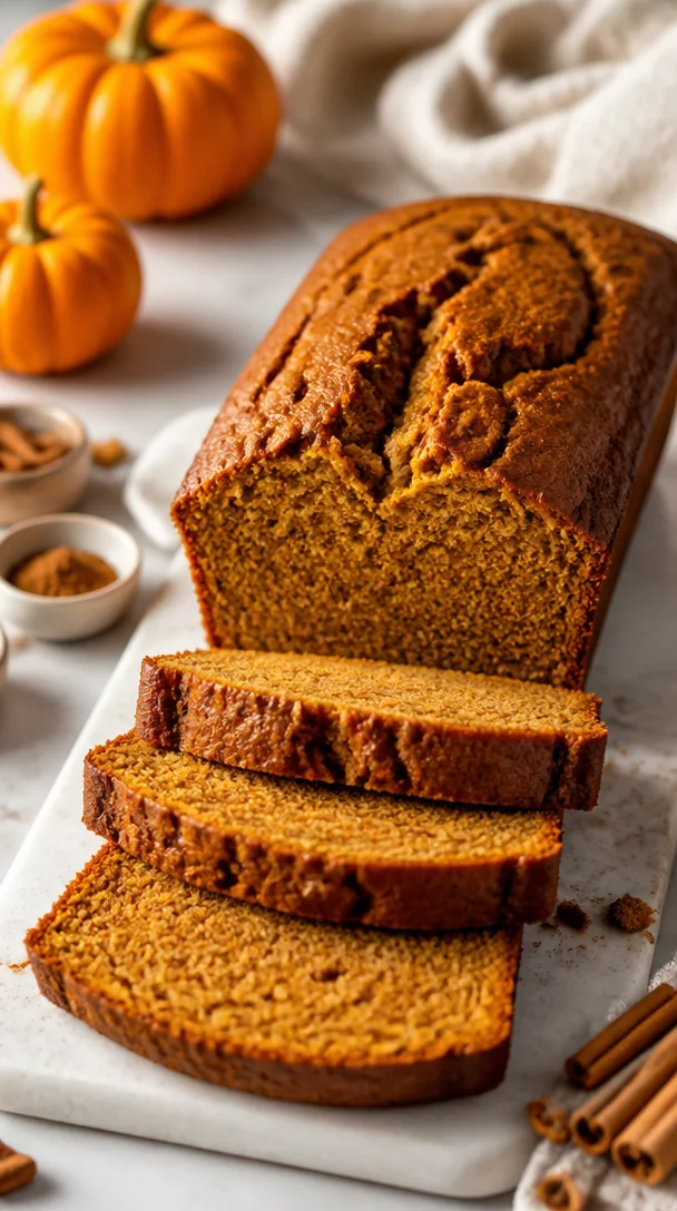 Delicious slice of classic pumpkin bread on a wooden table.