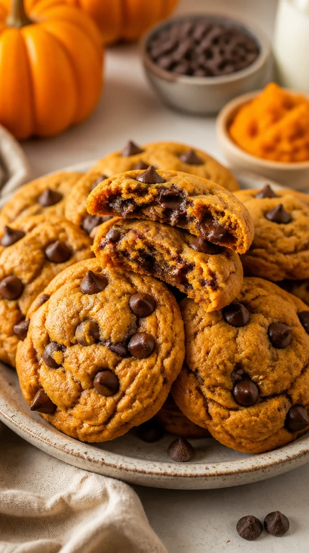 Freshly baked pumpkin chocolate chip cookies with warm spices