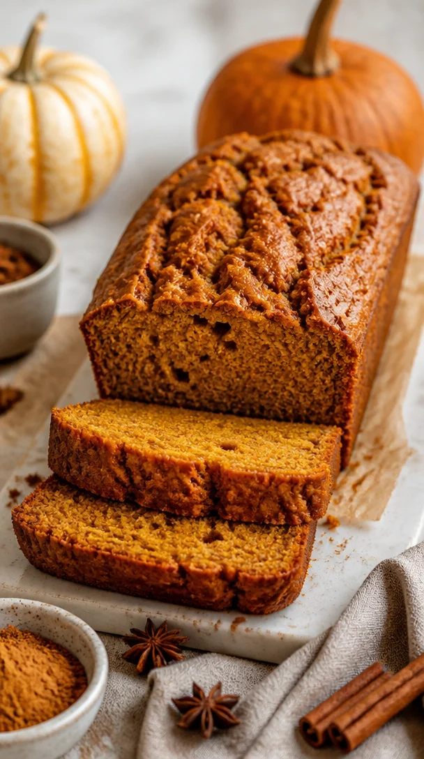 Delicious pumpkin-chai bread sliced and ready to enjoy on a cozy autumn evening.