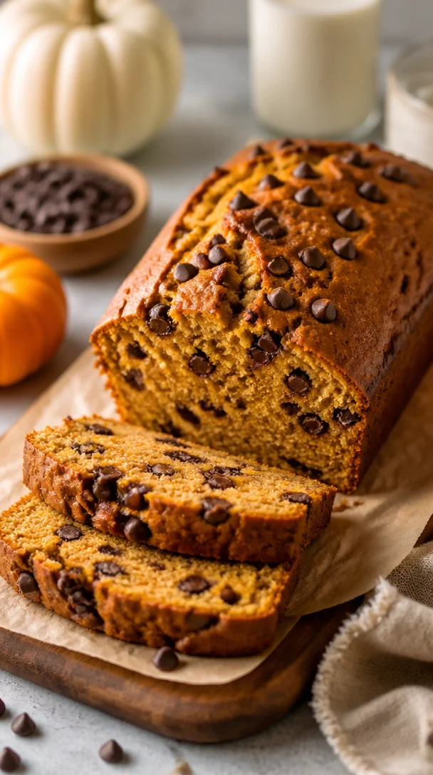 Deliciously moist pumpkin chocolate chip bread, perfect for autumn baking.