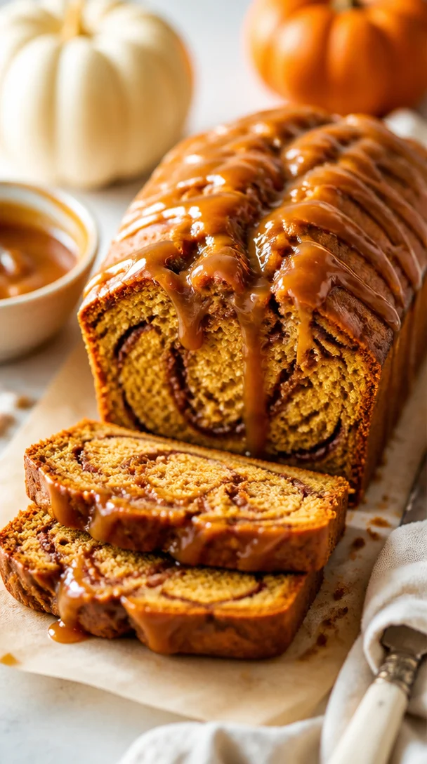 Moist pumpkin caramel bread swirled with rich caramel for a cozy fall treat.