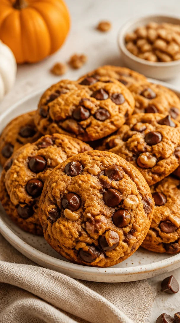 Cozy fall pumpkin walnut chocolate chip cookies on a wooden table