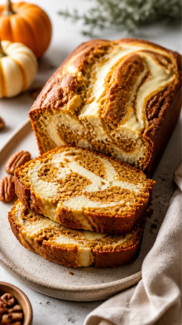 Delicious cream cheese swirl pumpkin bread fresh out of the oven.