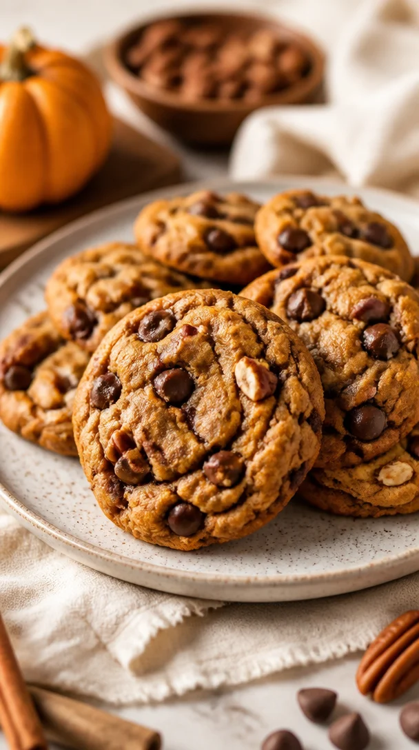 Crispy pumpkin pecan chocolate chip cookies in a cozy autumn setting.