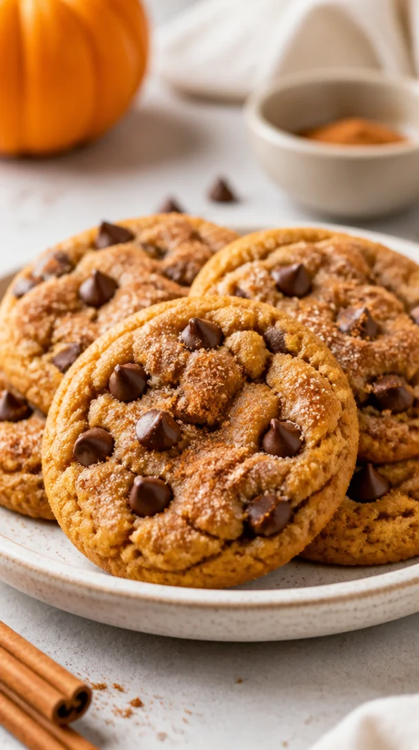 Plate of Pumpkin Snickerdoodle Cookies with chocolate chips, perfect fall dessert