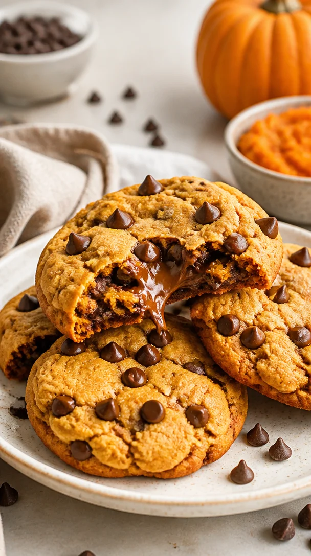 Delicious pumpkin-stuffed chocolate chip cookies on a rustic table