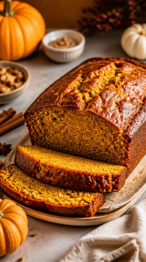 Delicious fall pumpkin bread with brown butter, baked and ready to enjoy