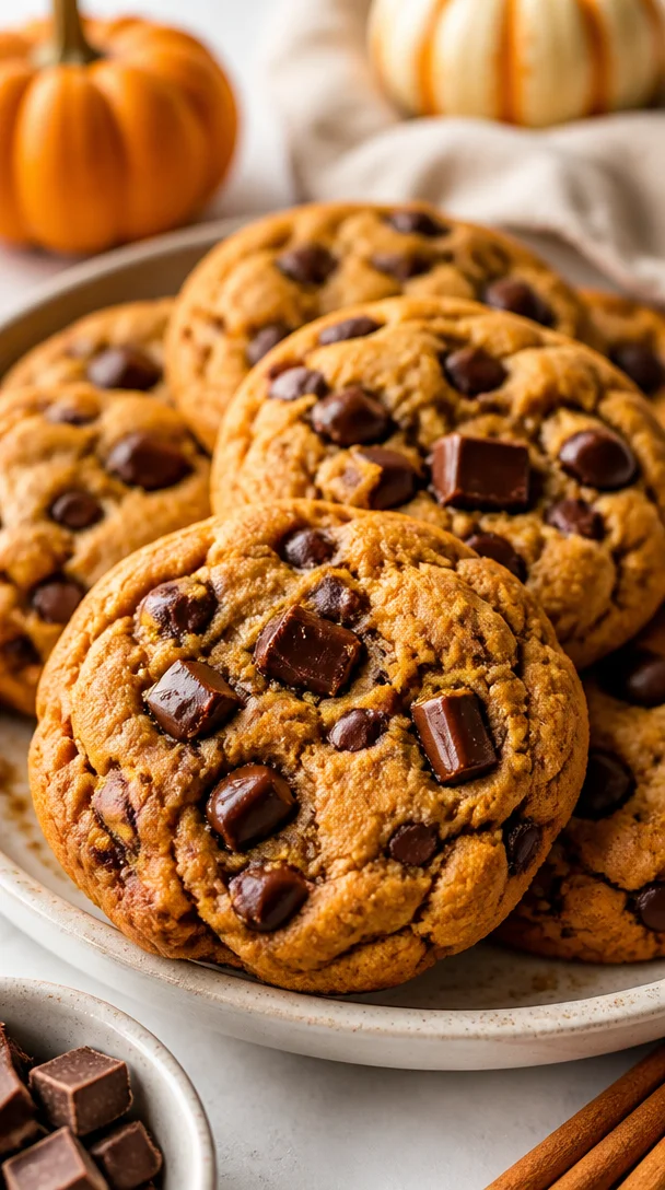 Delicious fall pumpkin cookies with dark chocolate chunks on a wooden table