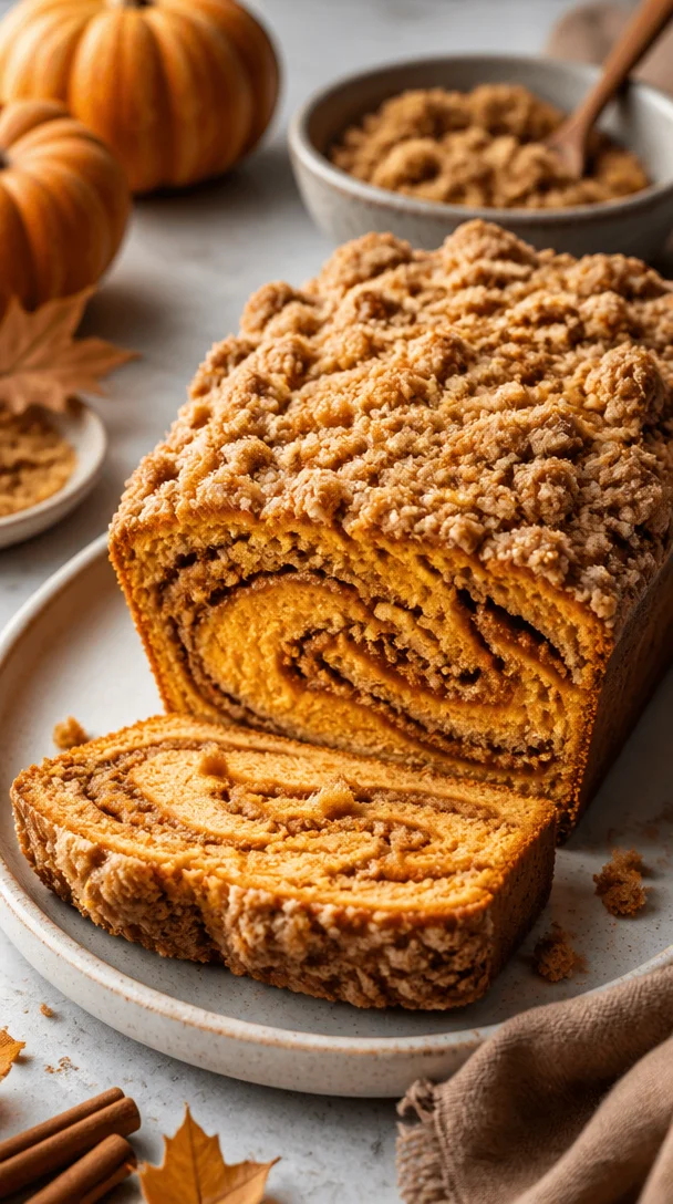 Delicious pumpkin streusel bread with a cinnamon swirl topping, perfect for fall.