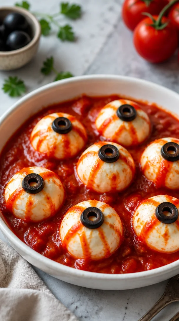 Halloween Bloody Mozzarella Eyeballs appetizer on a platter