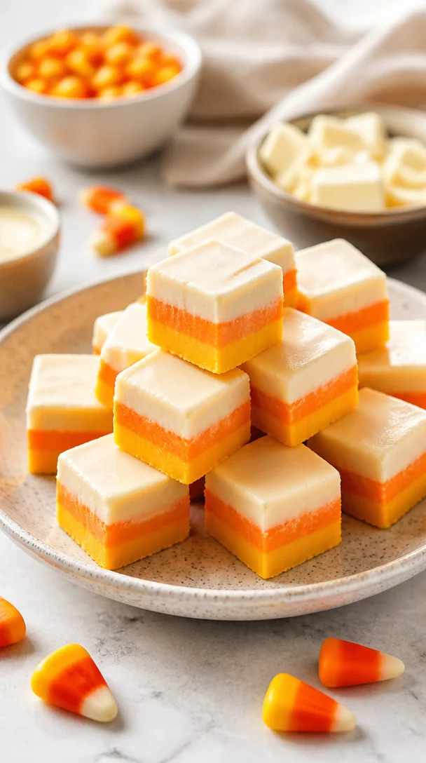 No-bake Halloween candy corn fudge cut into squares on a festive plate