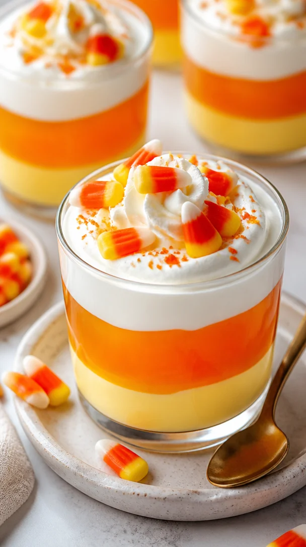 Colorful Halloween candy corn parfaits served in dessert cups