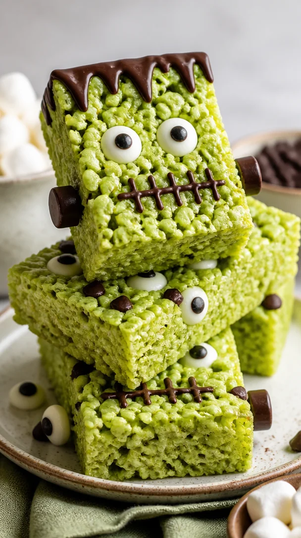 Delicious Halloween Frankenstein Rice Krispie Treats with gooey textures