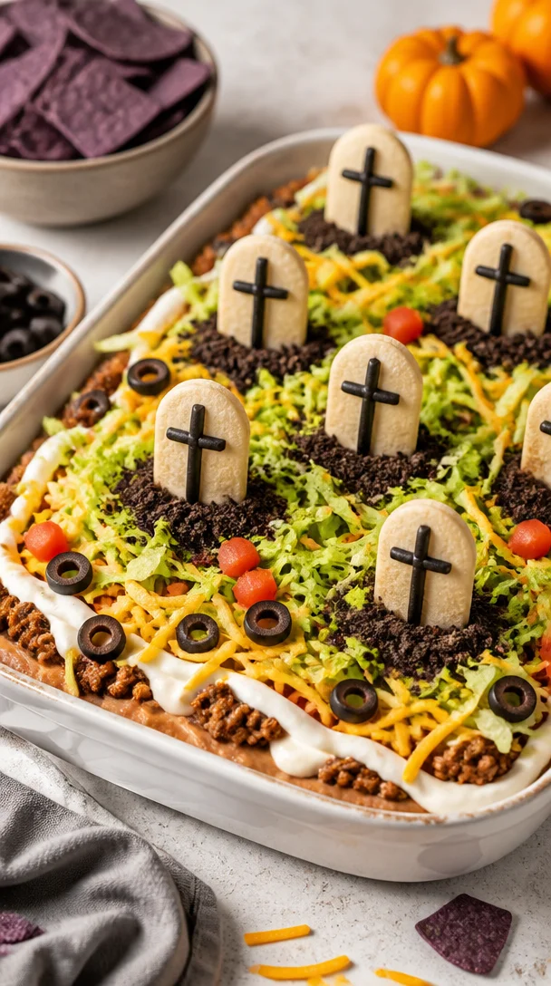 Halloween Graveyard Taco Dip served in a spooky bowl for a party appetizer