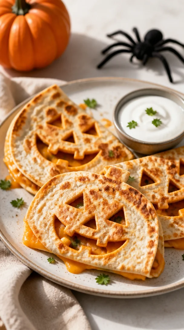 Halloween Jack-o'-Lantern Quesadillas served on a festive plate