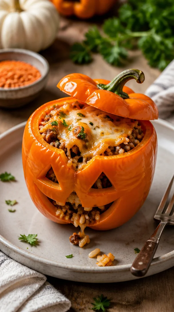 Halloween-themed Jack-o'-lantern stuffed peppers on a table