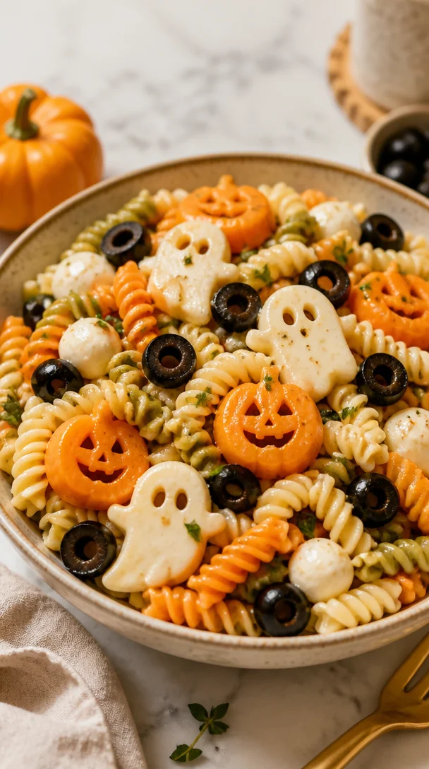 Colorful Halloween Pasta Salad in a bowl, perfect for spooky parties.