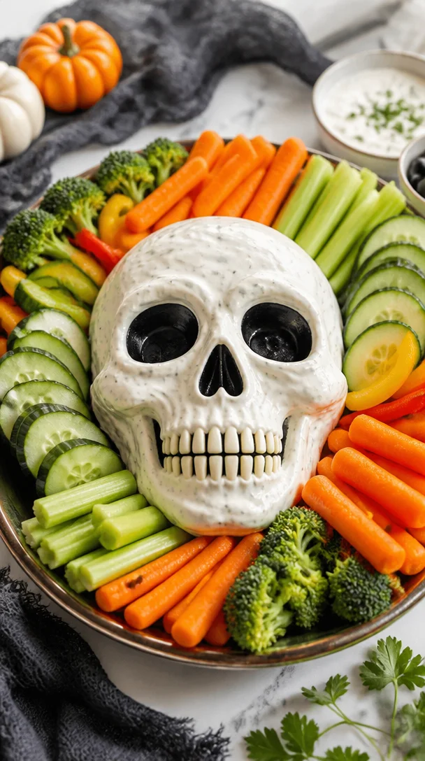 Halloween themed skull veggie tray for parties