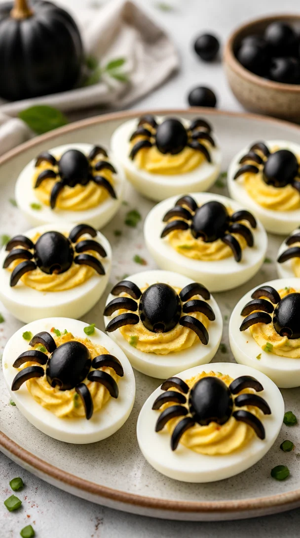 Halloween Spider Deviled Eggs appetizer with spider decoration