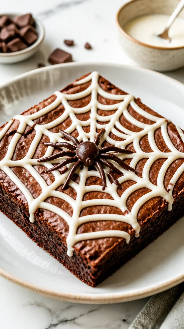 Delicious Halloween spider web brownies decorated with chocolate frosting.