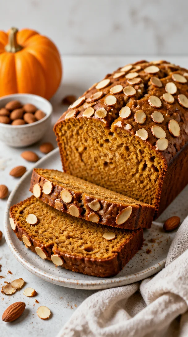 Slice of healthy pumpkin almond bread on a wooden table