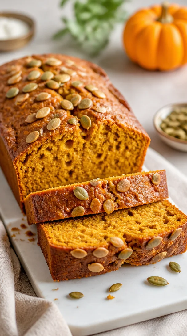 High-protein pumpkin bread baked and ready for meal prep on a kitchen counter.