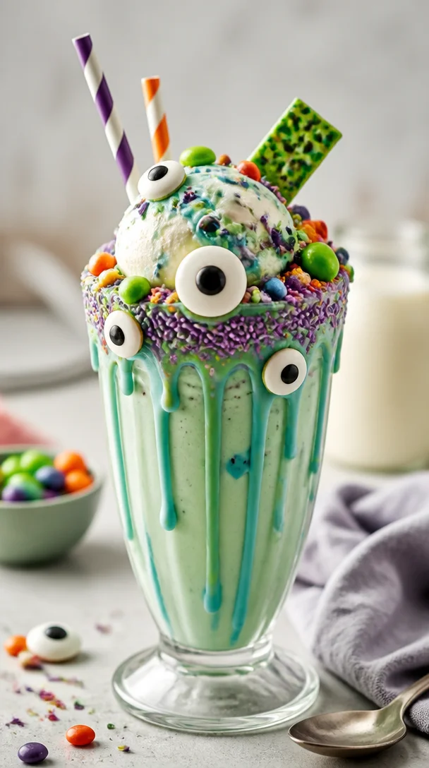 Delicious Ingredient Monster Milkshakes topped with whipped cream and colorful sprinkles