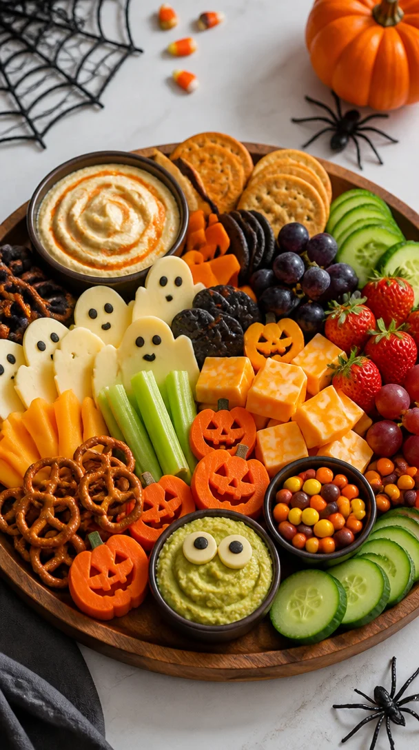 Colorful Halloween Snack Board with treats for party spreads