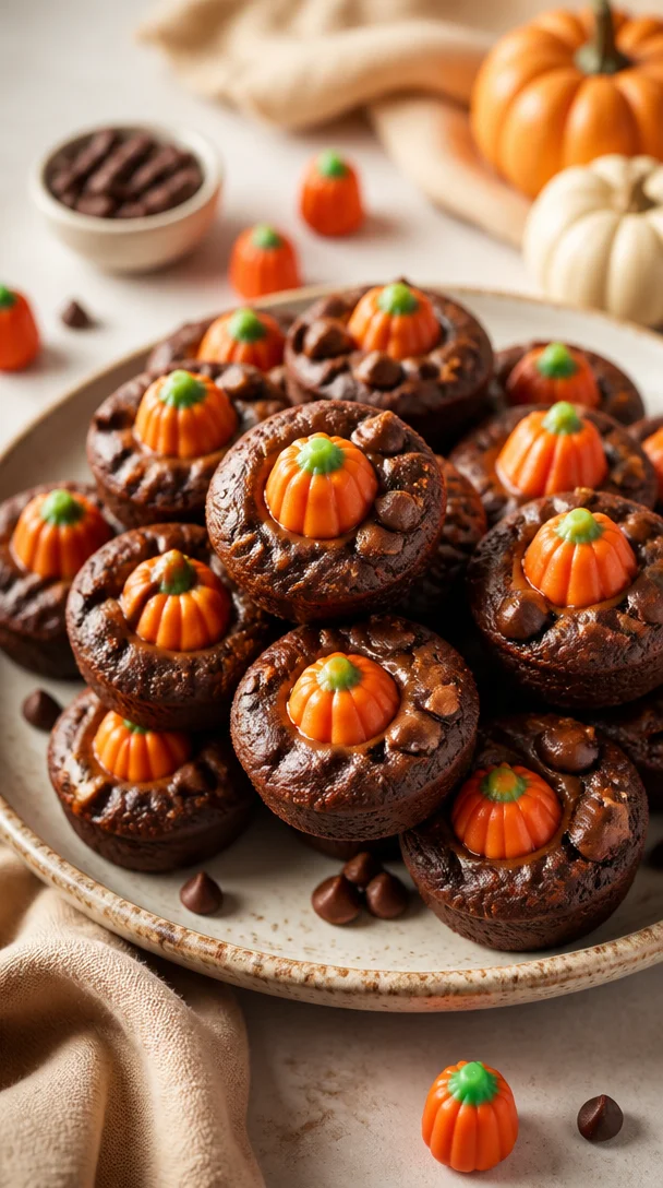 Mini pumpkin brownie bites served on a plate, perfect fall dessert