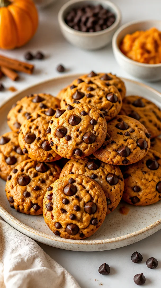 Mini pumpkin chocolate chip cookies on a baking tray, fresh from the oven.