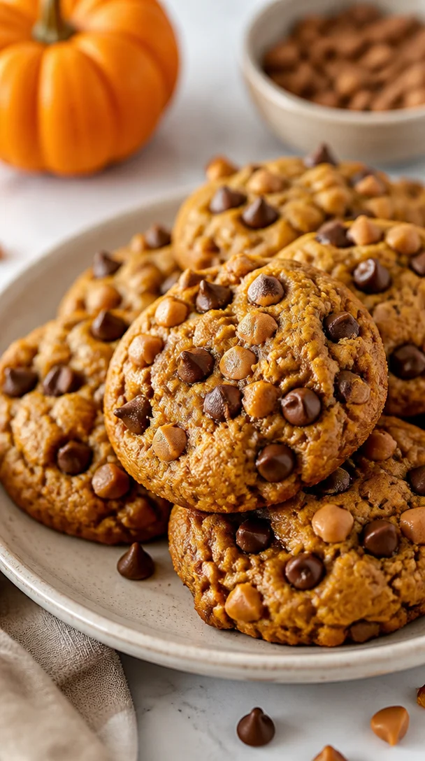Delicious minute chewy pumpkin peanut butter chocolate chip cookies on a plate.