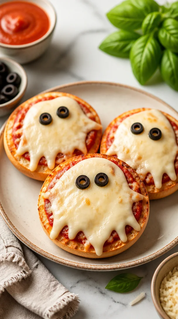 Minute ghost pizza bagels for a quick Halloween snack for kids