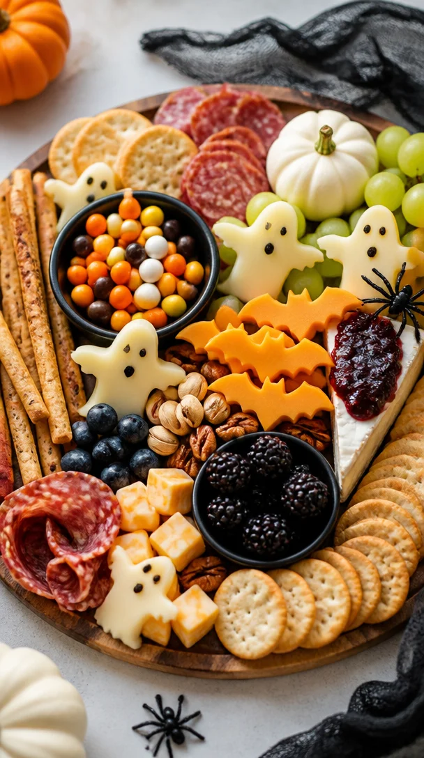 Halloween charcuterie board featuring spooky-themed snacks and decorations.