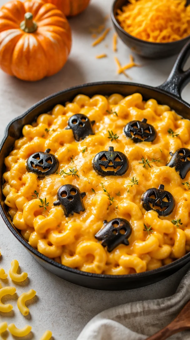 Spooky Halloween Mac and Cheese served in a skillet, perfect for festive dinners.