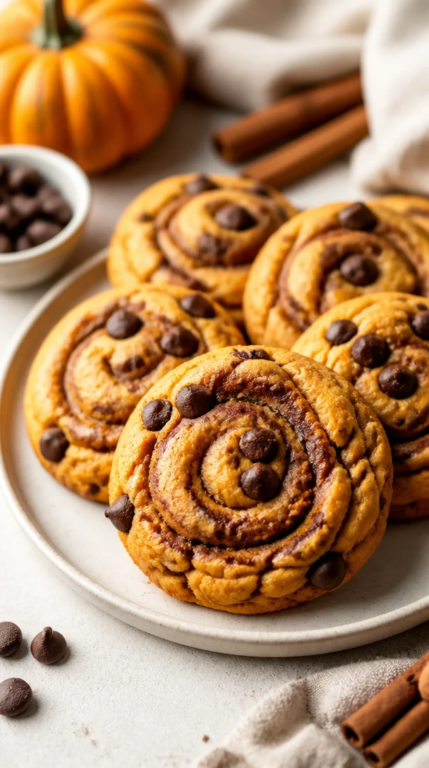 Delicious pumpkin cinnamon roll cookies on a plate, perfect for fall snacking.