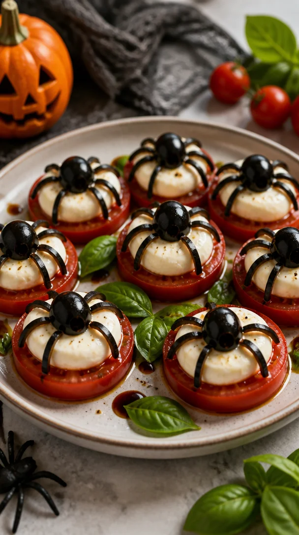Spooky caprese bites arranged for a Halloween party