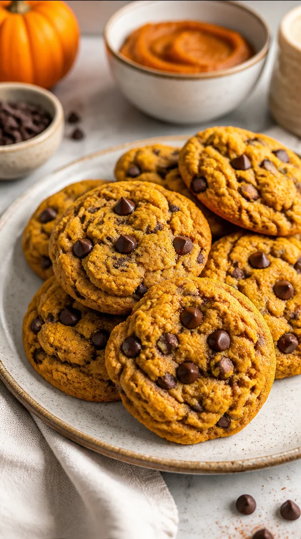 Easy vegan pumpkin chocolate chip cookies on a baking sheet