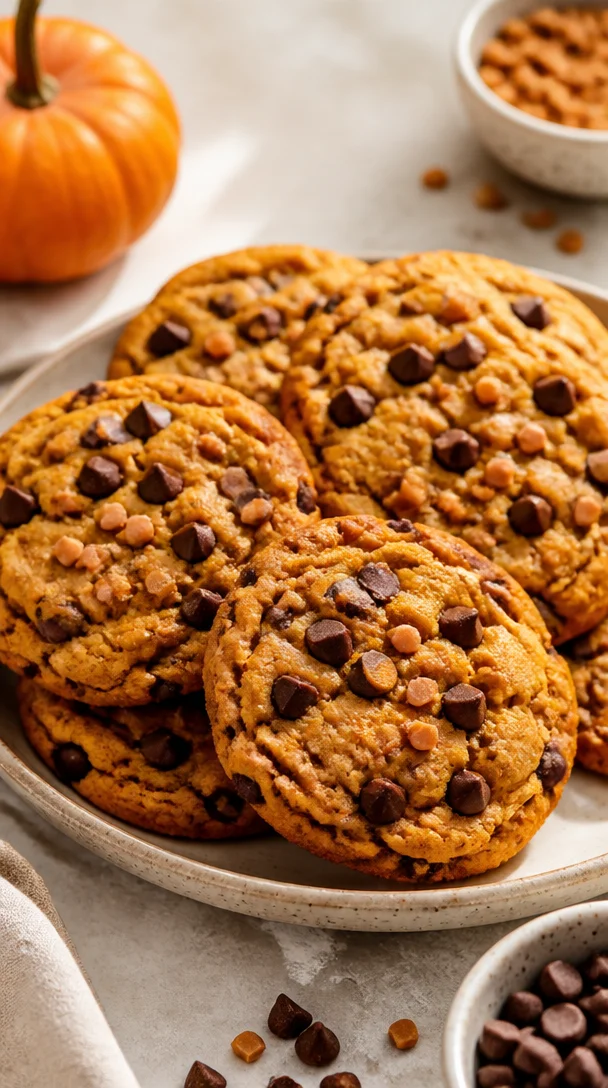 Delicious minute pumpkin toffee chocolate chip cookies on a plate