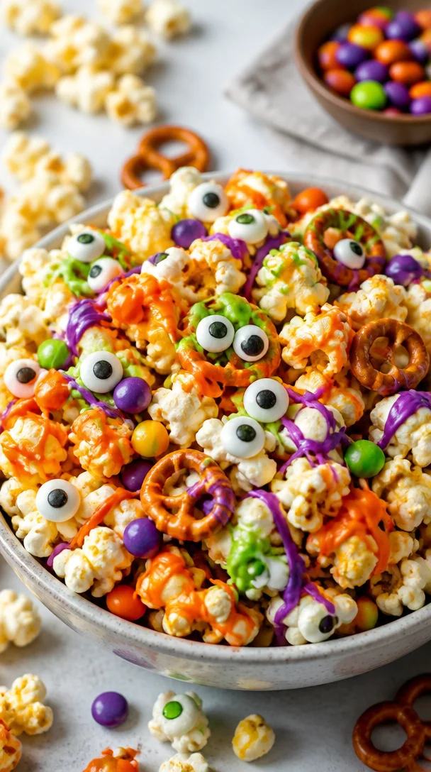 Colorful Monster Popcorn Mix in a bowl for movie night