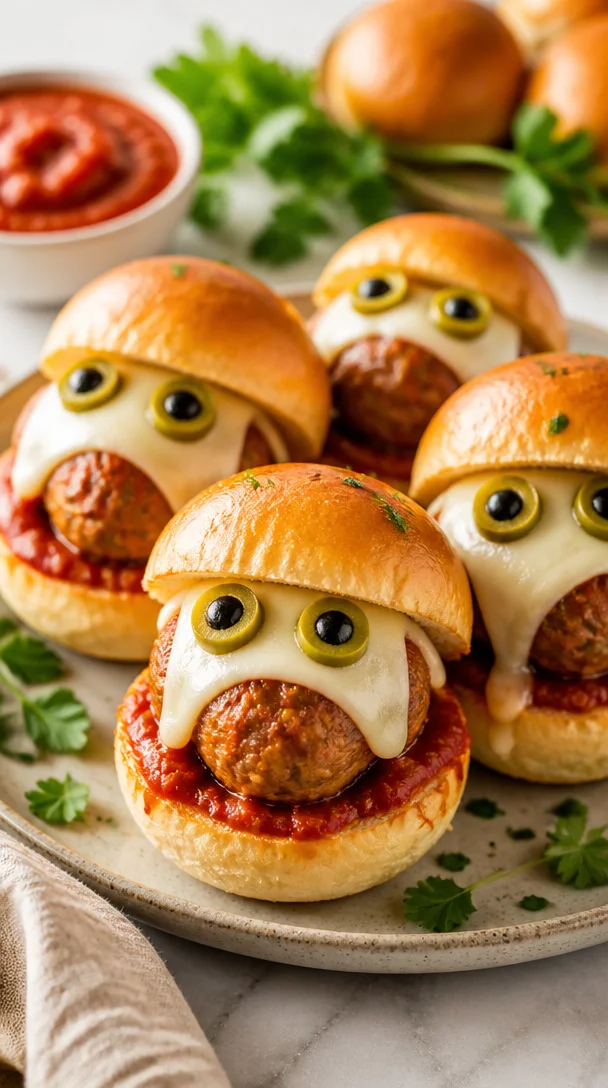 Delicious monstrous meatball sliders served on a wooden platter