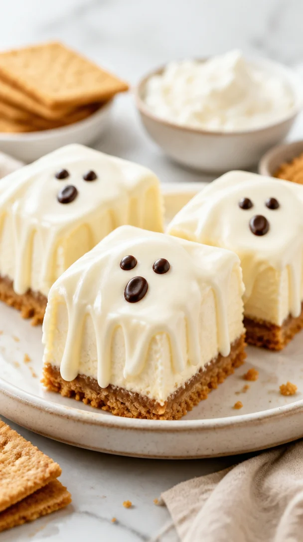 No-Bake Ghost Cheesecake Bars decorated for Halloween party