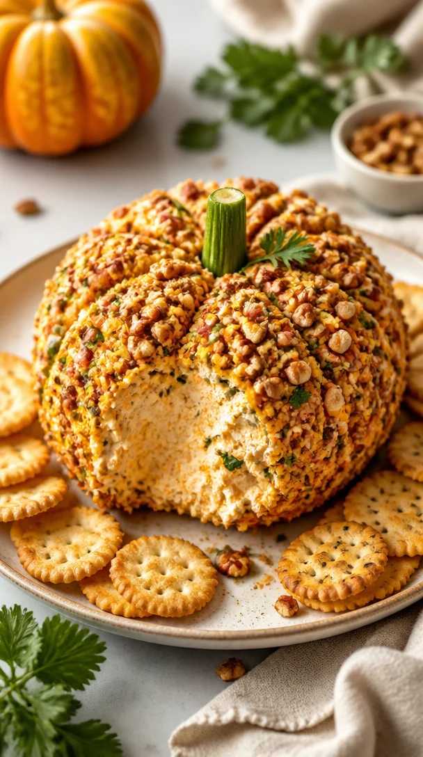 No-Bake Pumpkin Cheese Ball garnished with fall spices and served with crackers